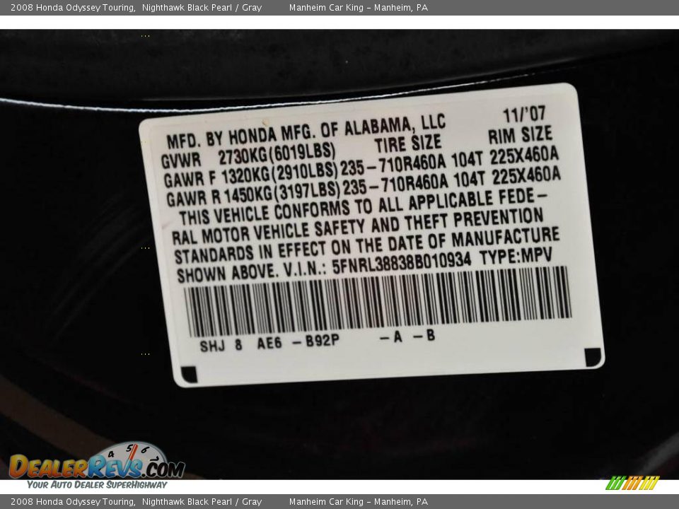 2008 Honda Odyssey Touring Nighthawk Black Pearl / Gray Photo #13
