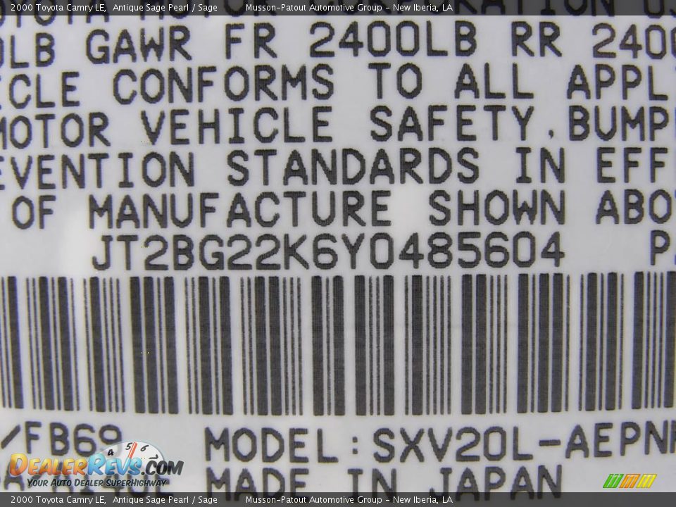 2000 Toyota Camry LE Antique Sage Pearl / Sage Photo #16