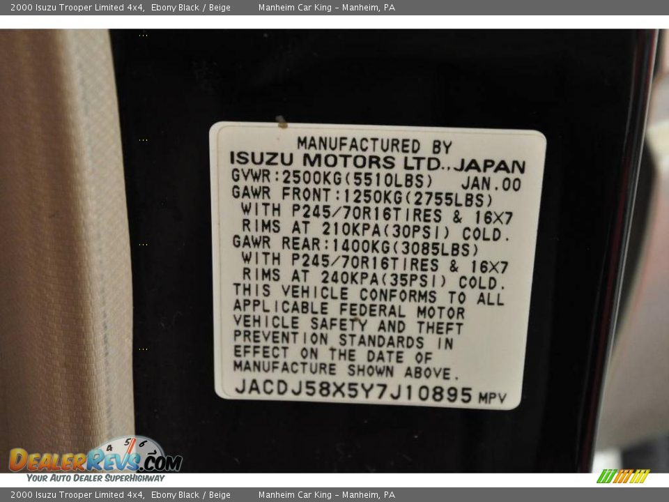 2000 Isuzu Trooper Limited 4x4 Ebony Black / Beige Photo #12