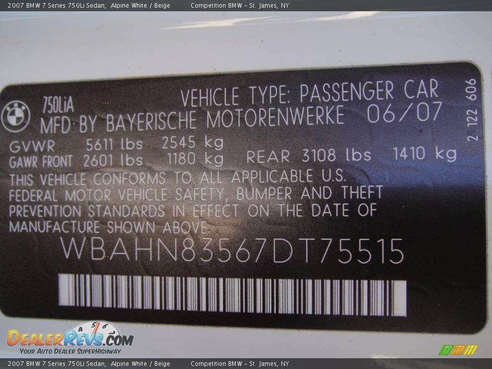 2007 BMW 7 Series 750Li Sedan Alpine White / Beige Photo #15