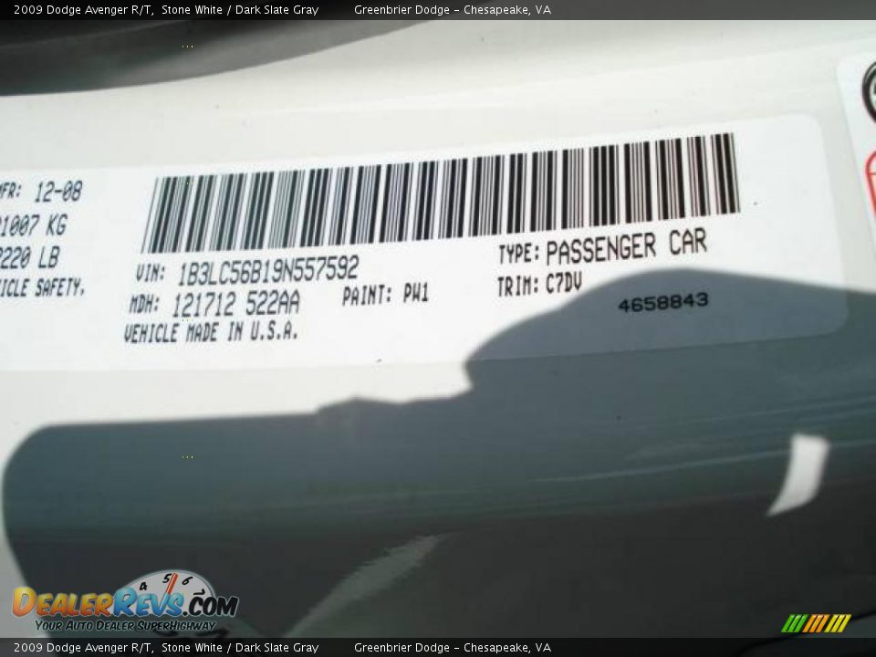 2009 Dodge Avenger R/T Stone White / Dark Slate Gray Photo #19