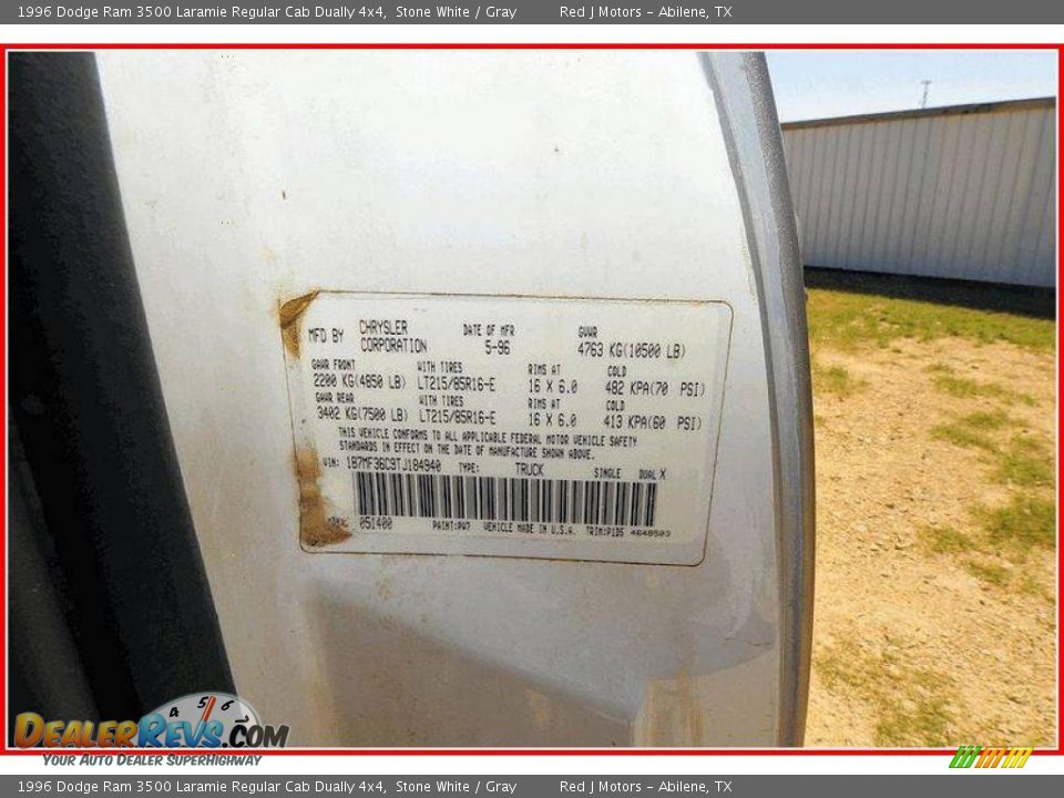 1996 Dodge Ram 3500 Laramie Regular Cab Dually 4x4 Stone White / Gray Photo #18