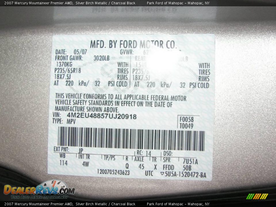 2007 Mercury Mountaineer Premier AWD Silver Birch Metallic / Charcoal Black Photo #10