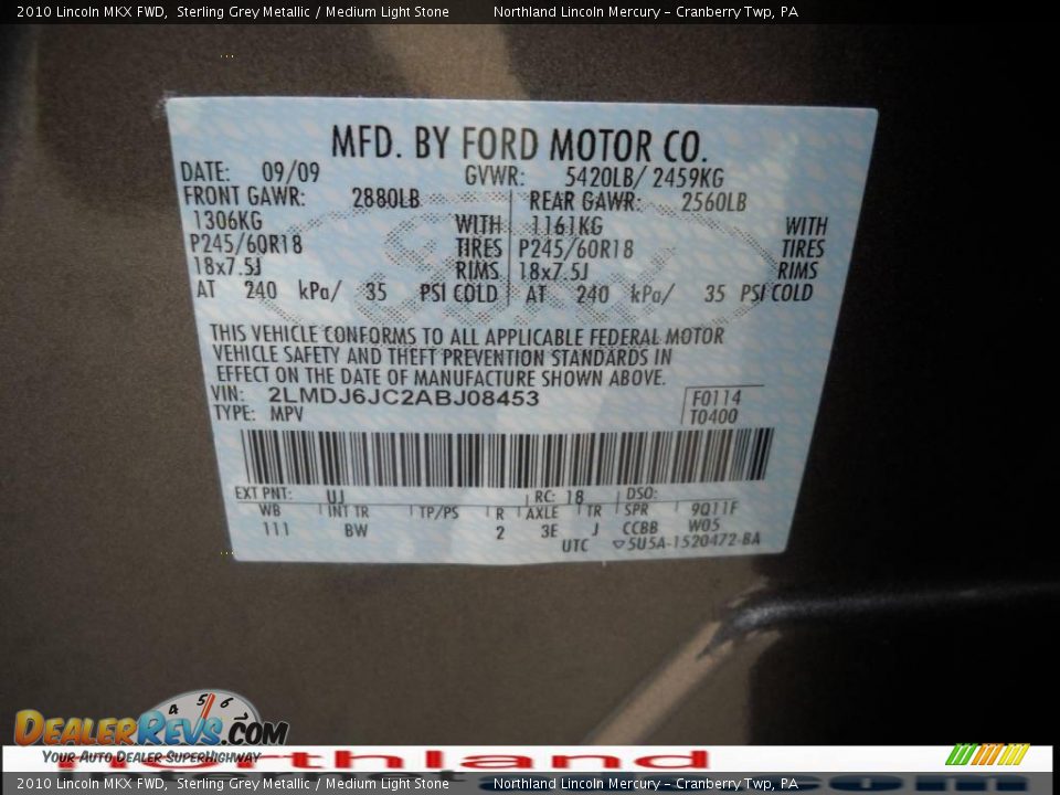 2010 Lincoln MKX FWD Sterling Grey Metallic / Medium Light Stone Photo #9