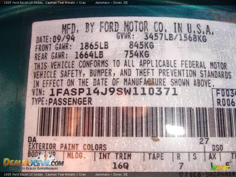 1995 Ford Escort LX Sedan Cayman Teal Metallic / Gray Photo #27