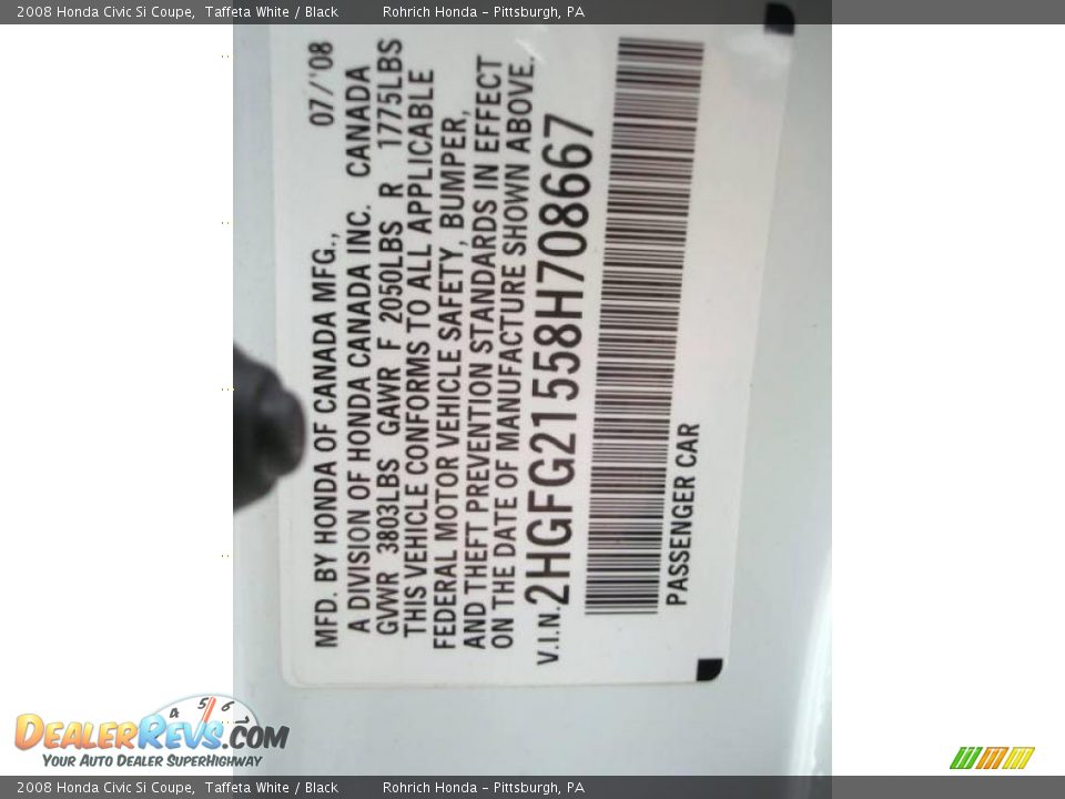 2008 Honda Civic Si Coupe Taffeta White / Black Photo #19