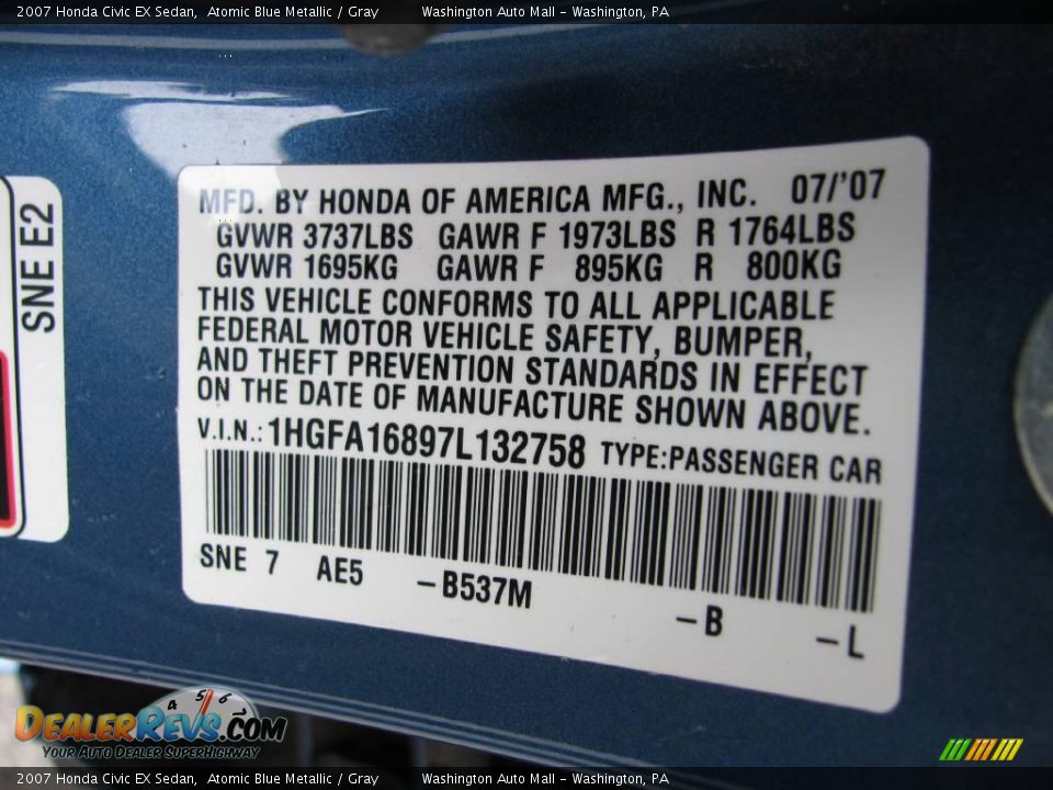 2007 Honda Civic EX Sedan Atomic Blue Metallic / Gray Photo #19