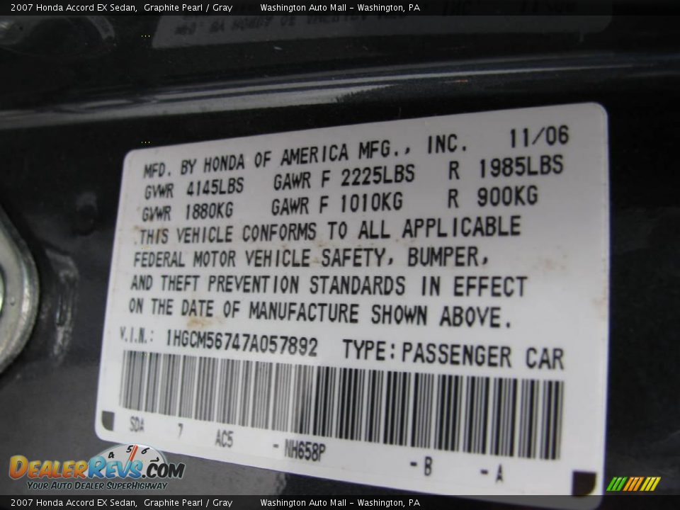 2007 Honda Accord EX Sedan Graphite Pearl / Gray Photo #19