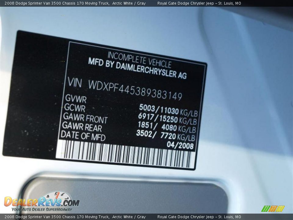 2008 Dodge Sprinter Van 3500 Chassis 170 Moving Truck Arctic White / Gray Photo #16