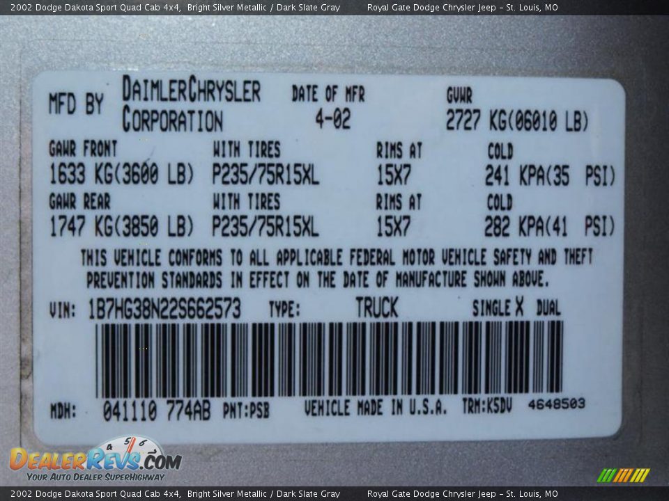 2002 Dodge Dakota Sport Quad Cab 4x4 Bright Silver Metallic / Dark Slate Gray Photo #17