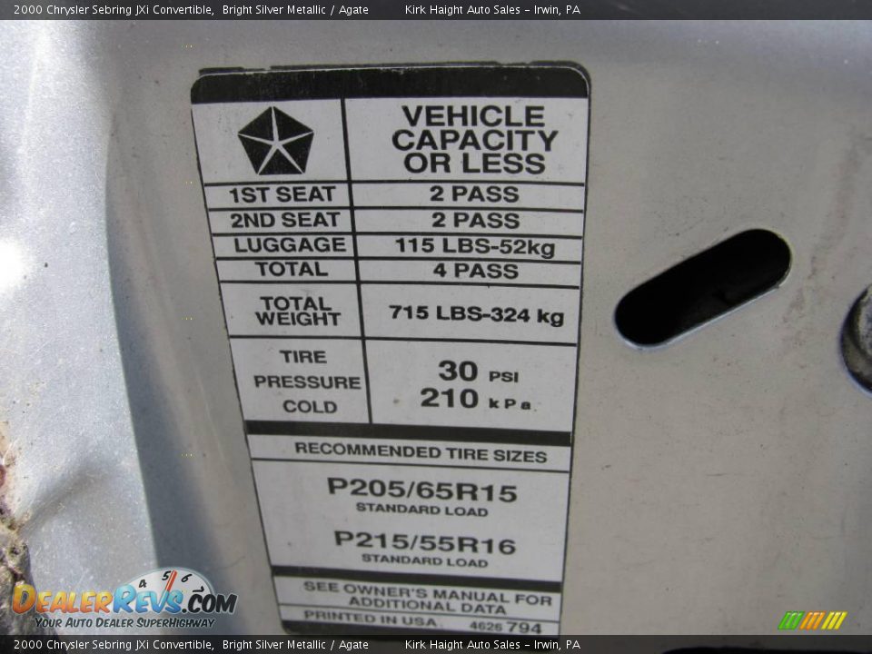 2000 Chrysler Sebring JXi Convertible Bright Silver Metallic / Agate Photo #23