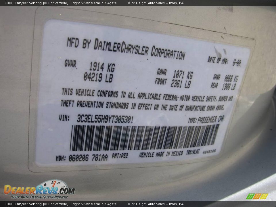 2000 Chrysler Sebring JXi Convertible Bright Silver Metallic / Agate Photo #24