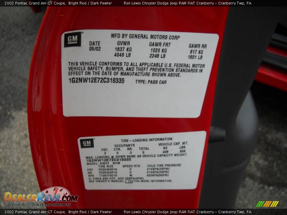 2002 Pontiac Grand Am GT Coupe Bright Red / Dark Pewter Photo #9