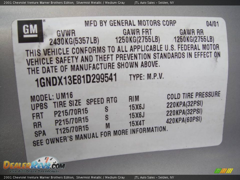 2001 Chevrolet Venture Warner Brothers Edition Silvermist Metallic / Medium Gray Photo #16