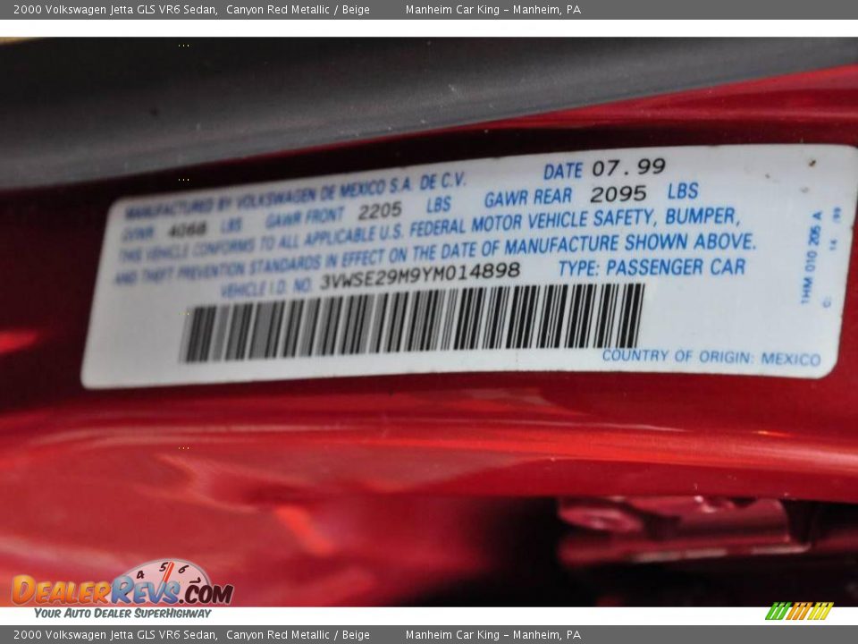 2000 Volkswagen Jetta GLS VR6 Sedan Canyon Red Metallic / Beige Photo #10