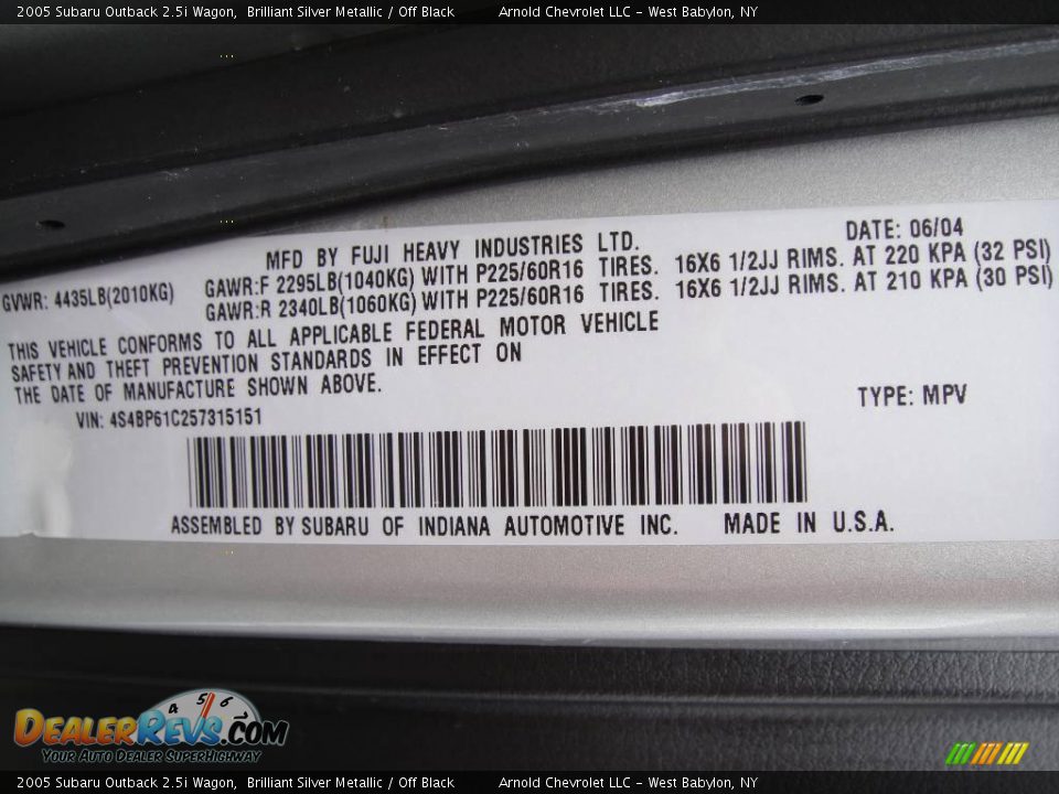 2005 Subaru Outback 2.5i Wagon Brilliant Silver Metallic / Off Black Photo #17