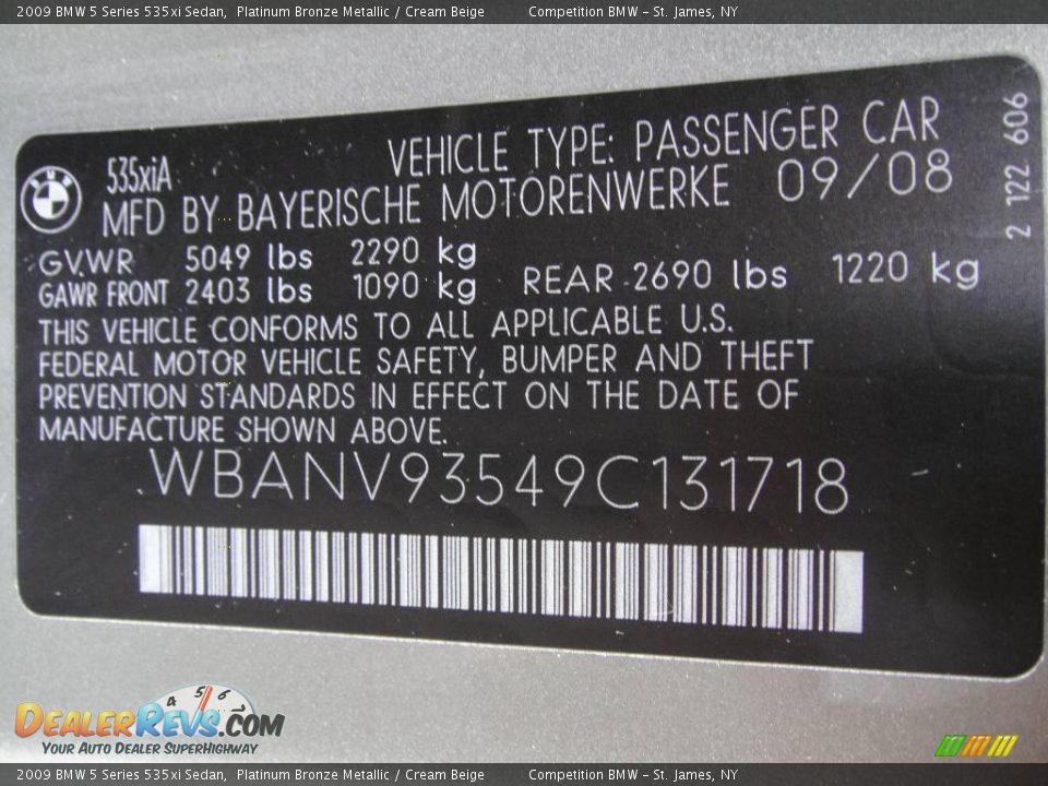 2009 BMW 5 Series 535xi Sedan Platinum Bronze Metallic / Cream Beige Photo #15