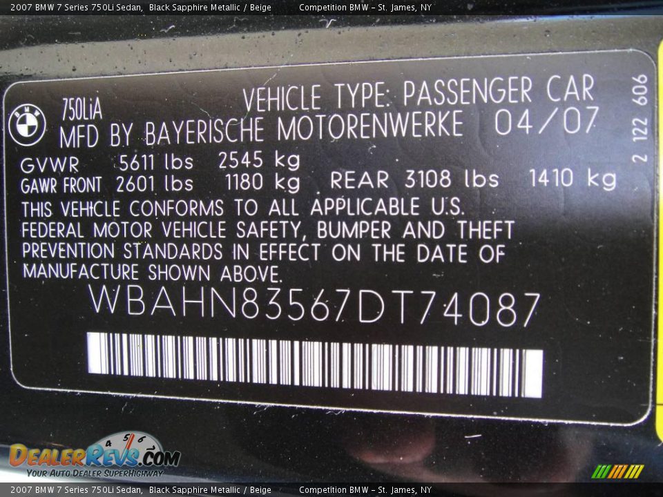 2007 BMW 7 Series 750Li Sedan Black Sapphire Metallic / Beige Photo #15