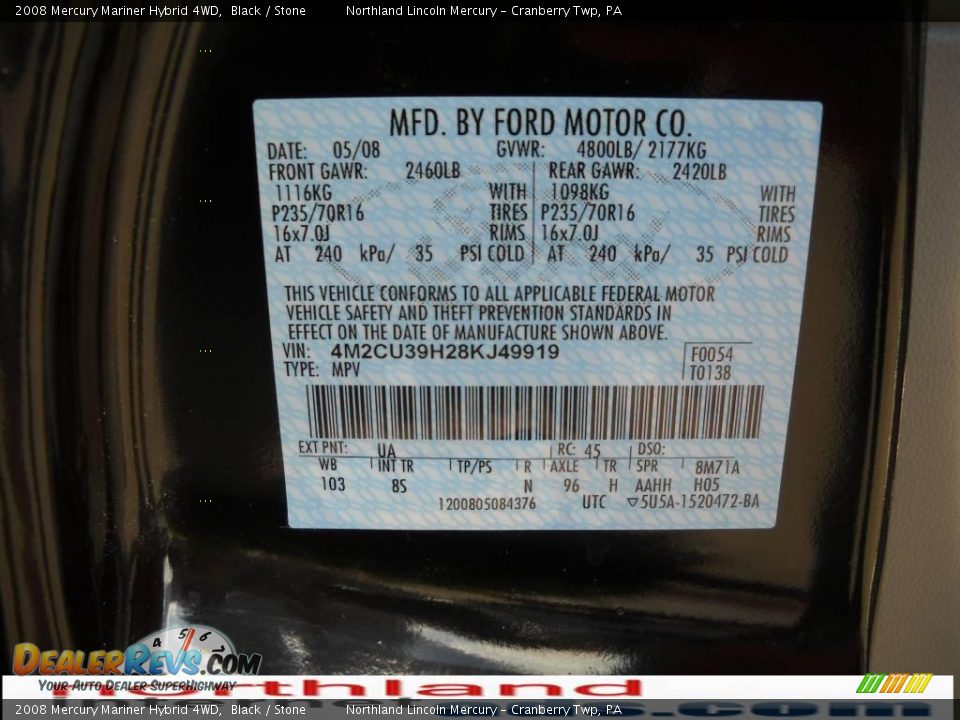 2008 Mercury Mariner Hybrid 4WD Black / Stone Photo #9