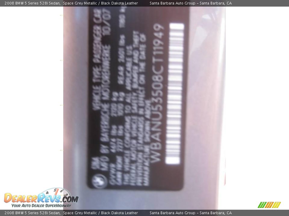 2008 BMW 5 Series 528i Sedan Space Grey Metallic / Black Dakota Leather Photo #23