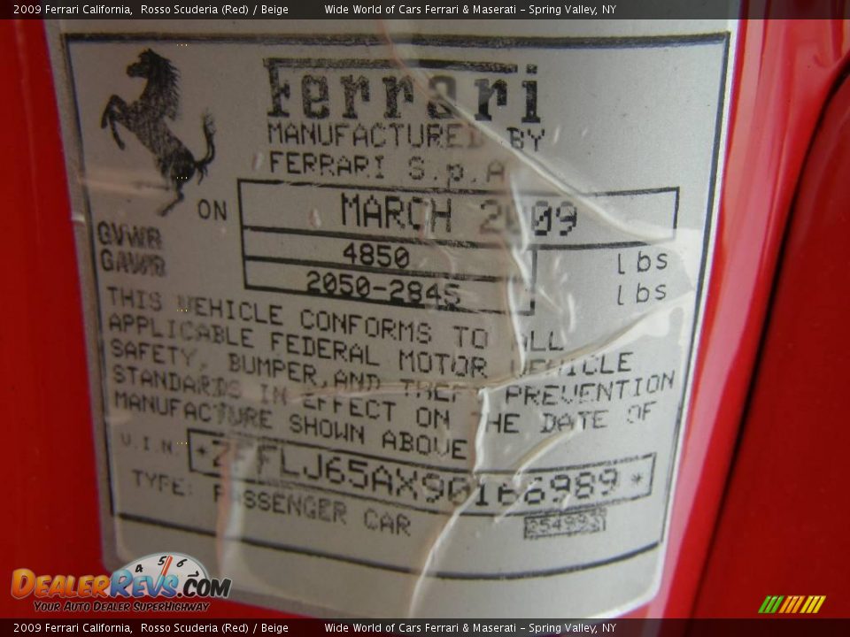 Info Tag of 2009 Ferrari California  Photo #10