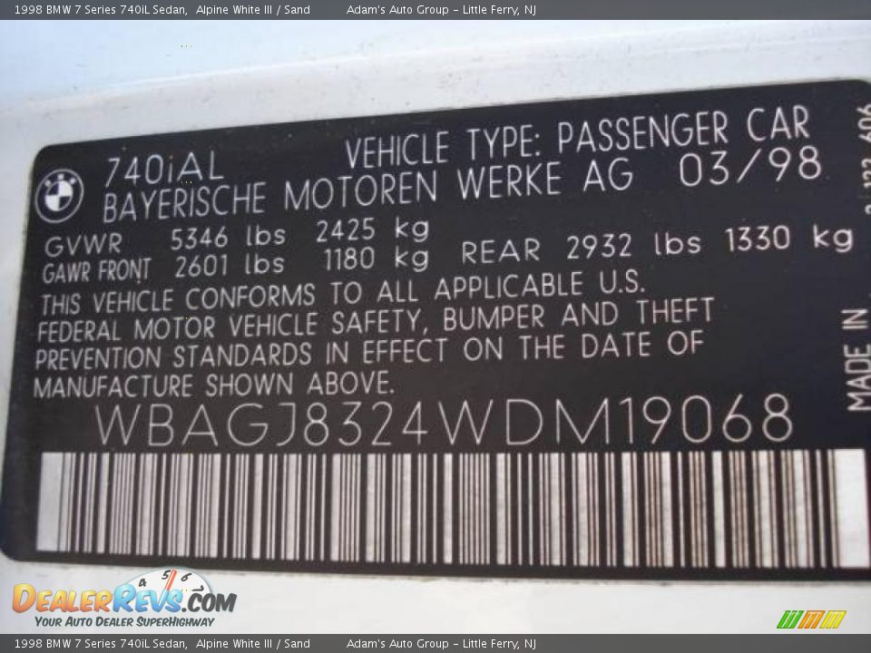 1998 BMW 7 Series 740iL Sedan Alpine White III / Sand Photo #23