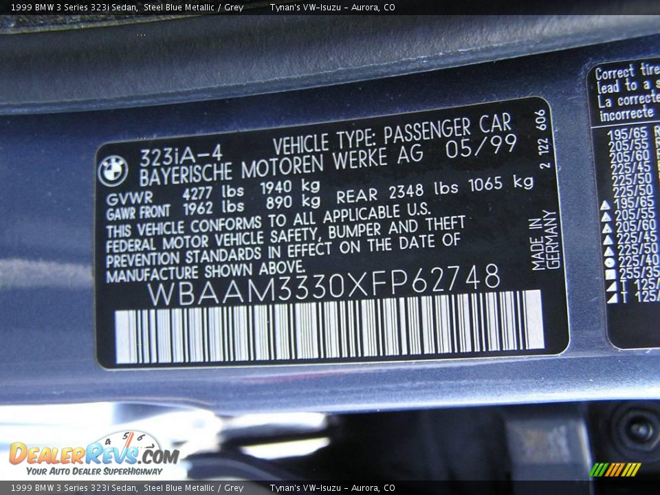 1999 BMW 3 Series 323i Sedan Steel Blue Metallic / Grey Photo #21