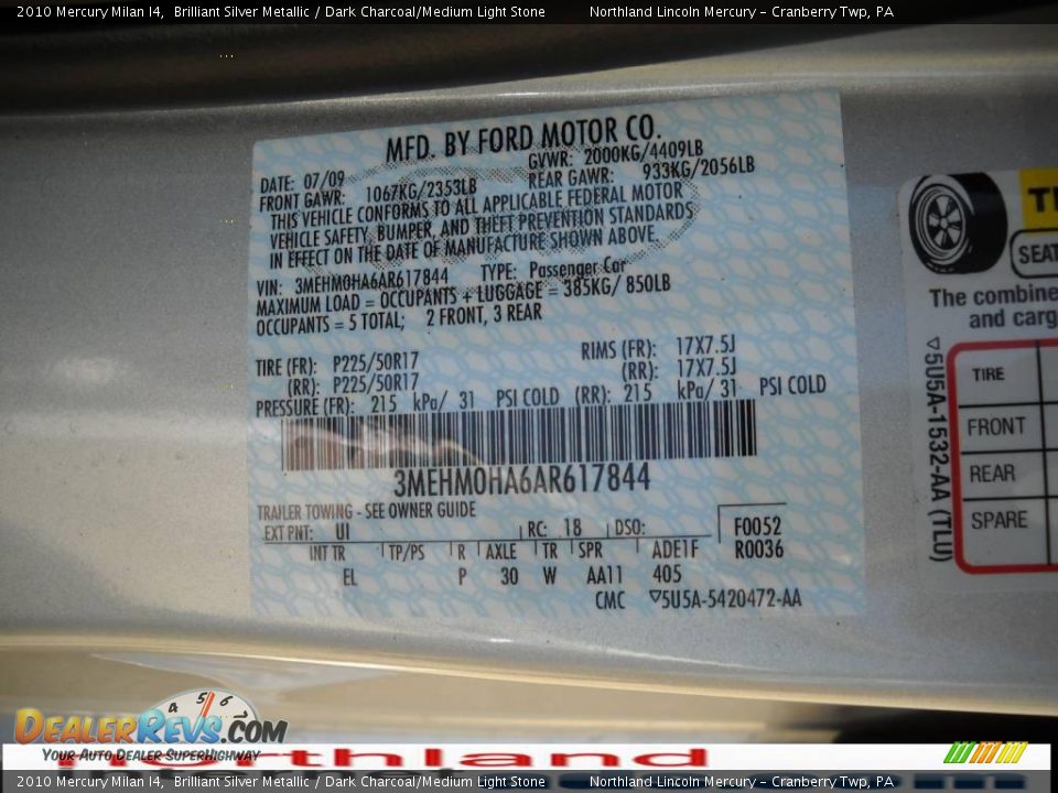 2010 Mercury Milan I4 Brilliant Silver Metallic / Dark Charcoal/Medium Light Stone Photo #9