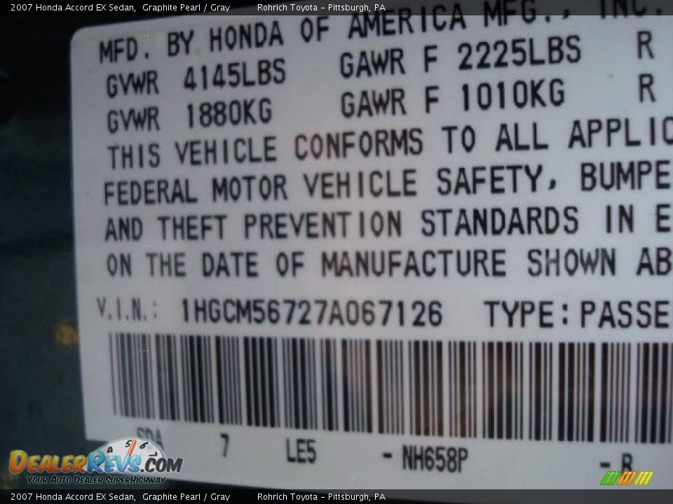 2007 Honda Accord EX Sedan Graphite Pearl / Gray Photo #19