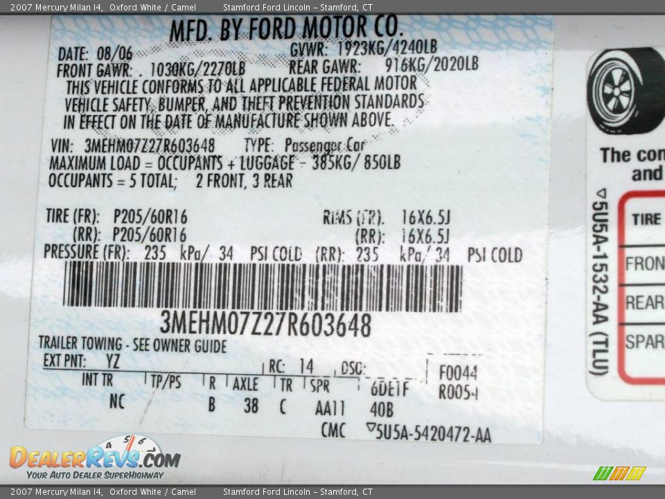 2007 Mercury Milan I4 Oxford White / Camel Photo #18