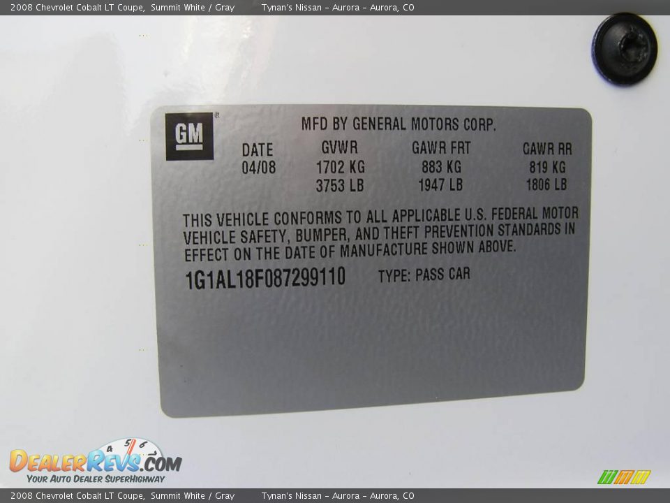 2008 Chevrolet Cobalt LT Coupe Summit White / Gray Photo #13