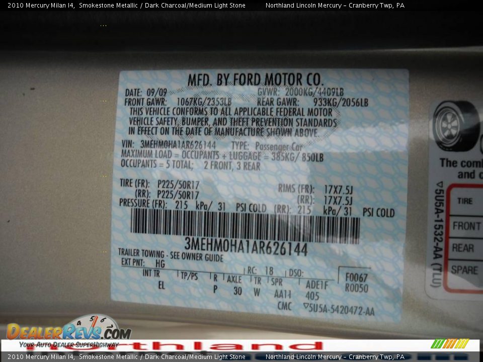 2010 Mercury Milan I4 Smokestone Metallic / Dark Charcoal/Medium Light Stone Photo #9