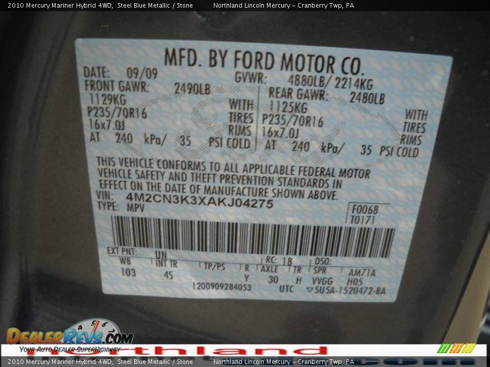 2010 Mercury Mariner Hybrid 4WD Steel Blue Metallic / Stone Photo #9