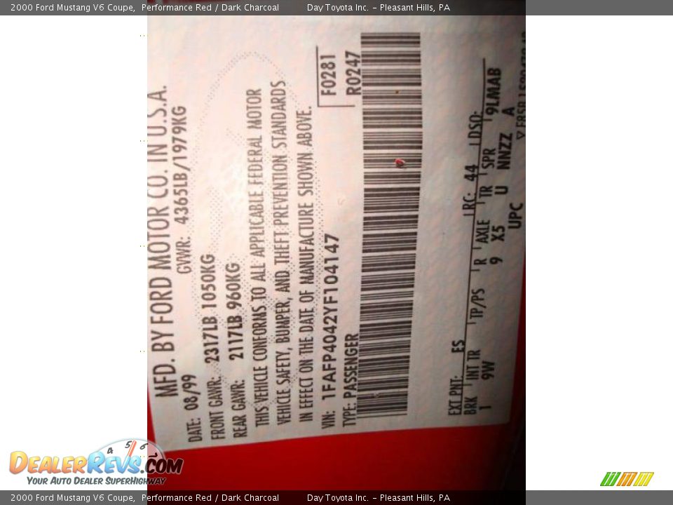 2000 Ford Mustang V6 Coupe Performance Red / Dark Charcoal Photo #14