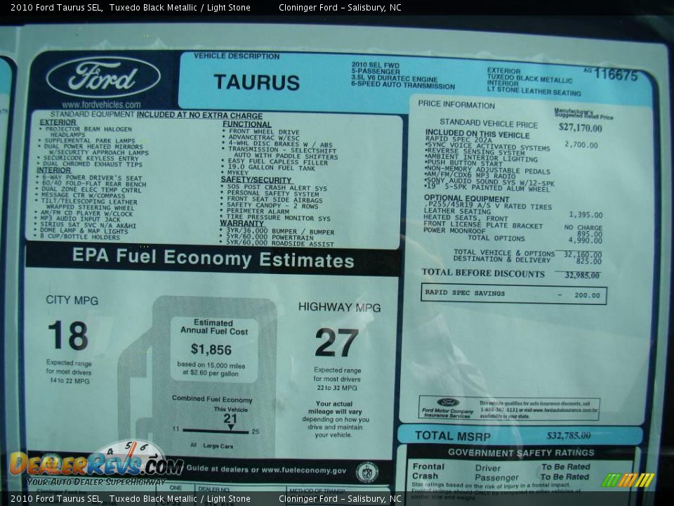 2010 Ford Taurus SEL Tuxedo Black Metallic / Light Stone Photo #13