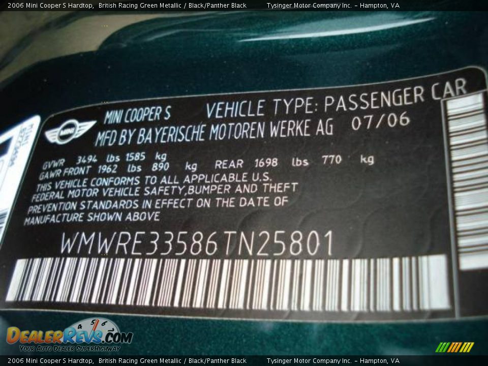 2006 Mini Cooper S Hardtop British Racing Green Metallic / Black/Panther Black Photo #21