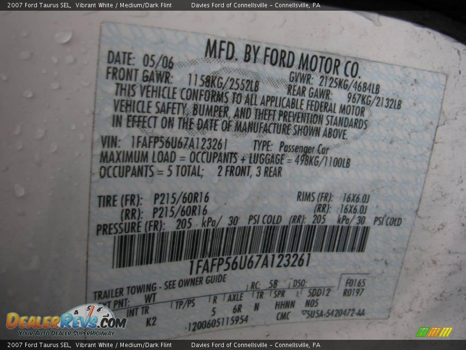 2007 Ford Taurus SEL Vibrant White / Medium/Dark Flint Photo #14