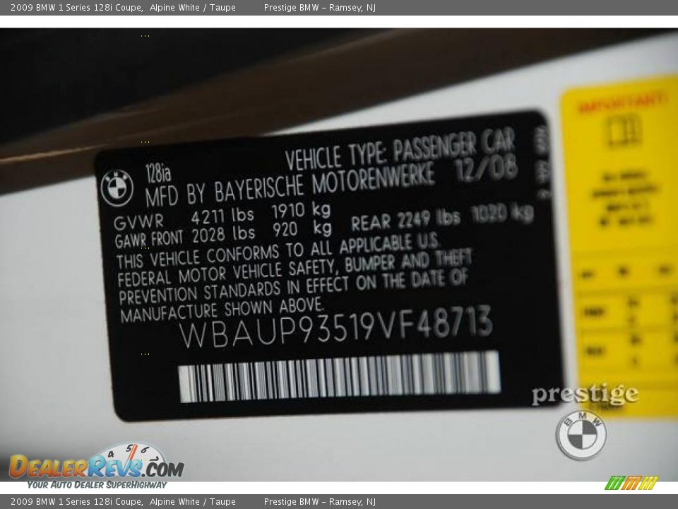 2009 BMW 1 Series 128i Coupe Alpine White / Taupe Photo #6