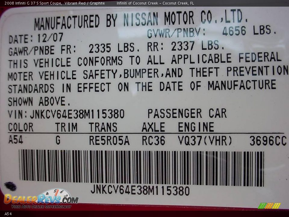 Infiniti Color Code A54 Vibrant Red