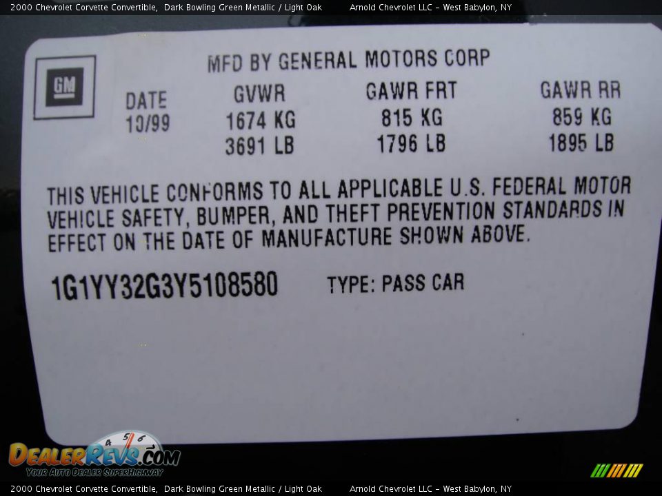 2000 Chevrolet Corvette Convertible Dark Bowling Green Metallic / Light Oak Photo #17
