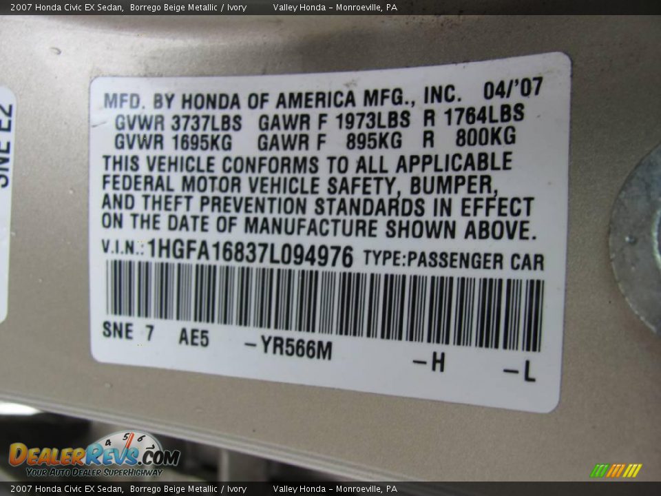 2007 Honda Civic EX Sedan Borrego Beige Metallic / Ivory Photo #14