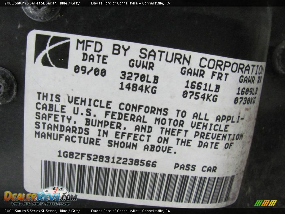 2001 Saturn S Series SL Sedan Blue / Gray Photo #15