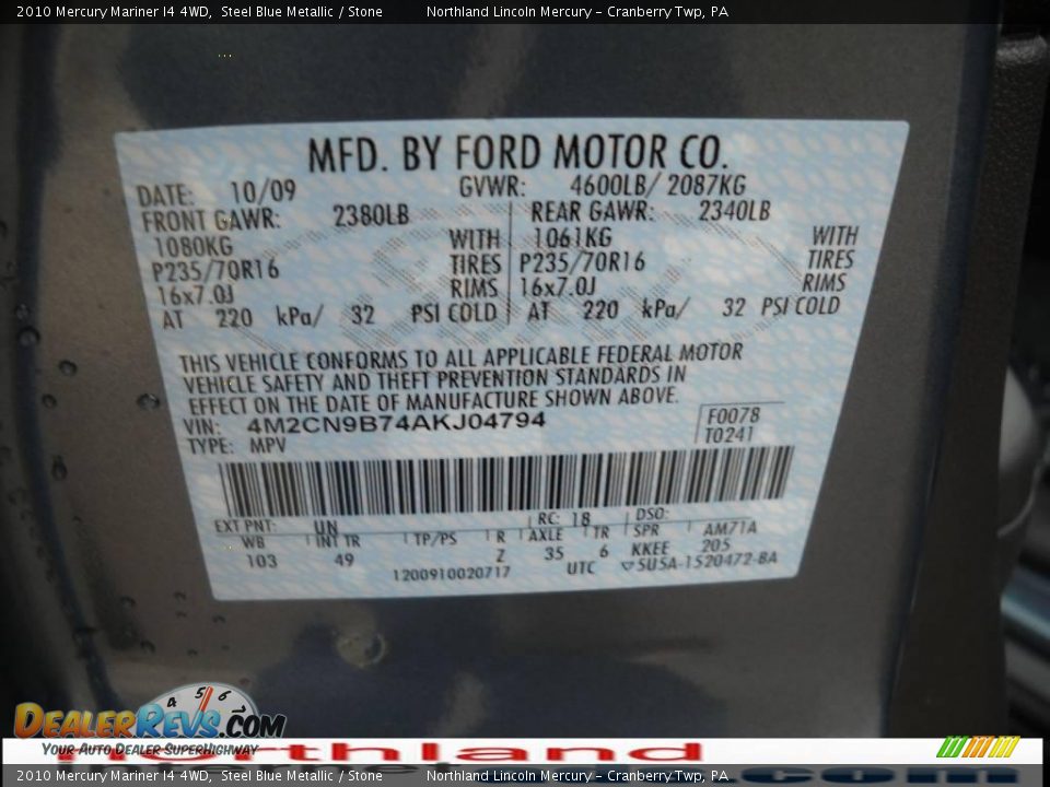 2010 Mercury Mariner I4 4WD Steel Blue Metallic / Stone Photo #8