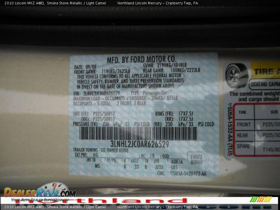 2010 Lincoln MKZ AWD Smoke Stone Metallic / Light Camel Photo #9