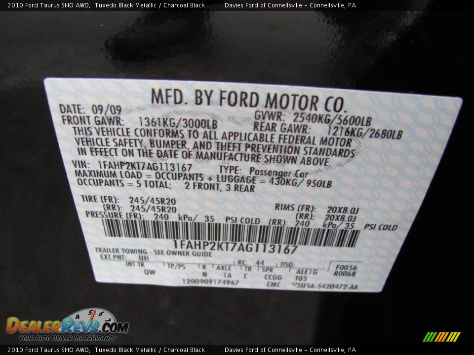 2010 Ford Taurus SHO AWD Tuxedo Black Metallic / Charcoal Black Photo #19