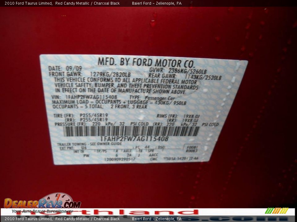 2010 Ford Taurus Limited Red Candy Metallic / Charcoal Black Photo #12