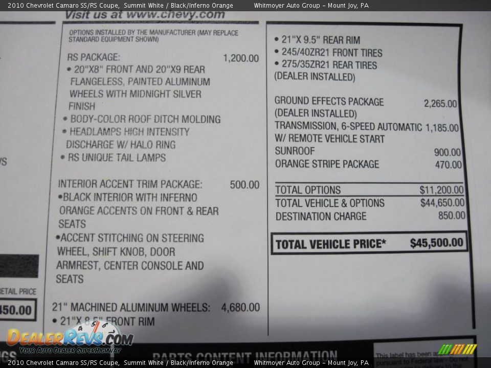 2010 Chevrolet Camaro SS/RS Coupe Summit White / Black/Inferno Orange Photo #36