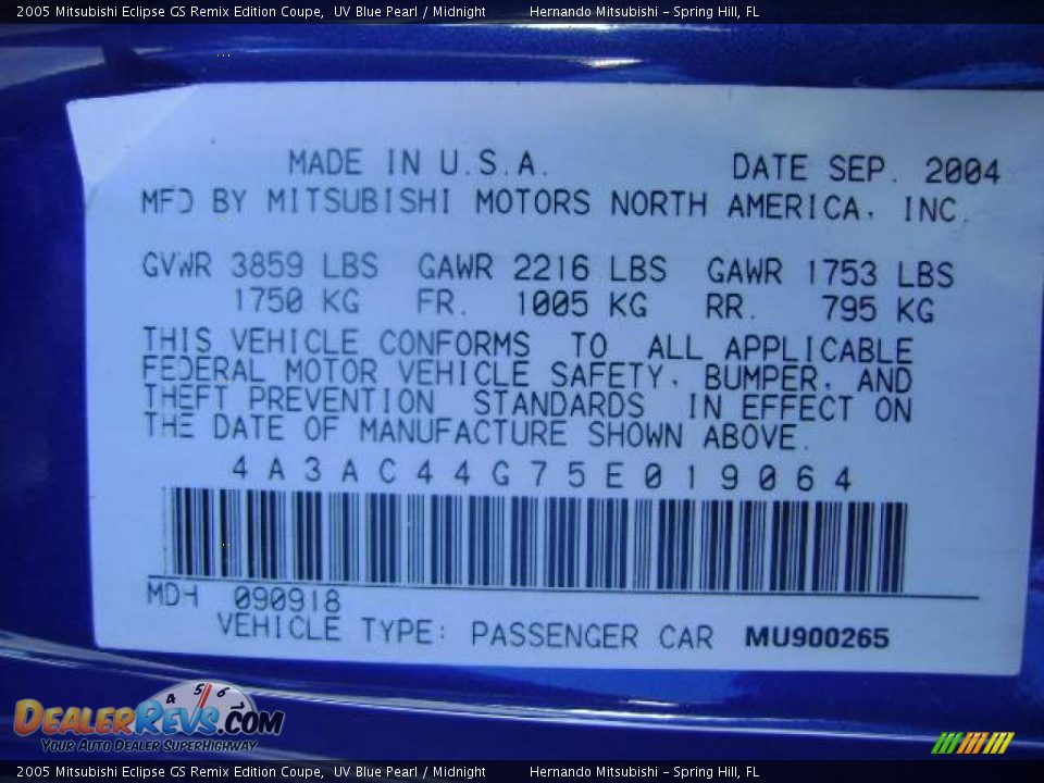 2005 Mitsubishi Eclipse GS Remix Edition Coupe UV Blue Pearl / Midnight Photo #35