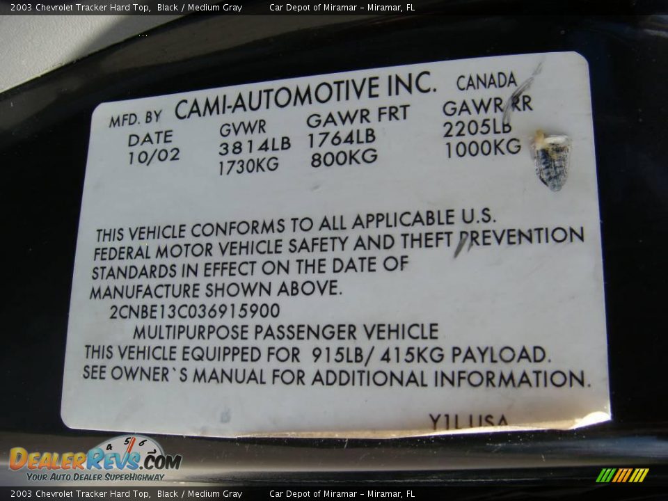 2003 Chevrolet Tracker Hard Top Black / Medium Gray Photo #17