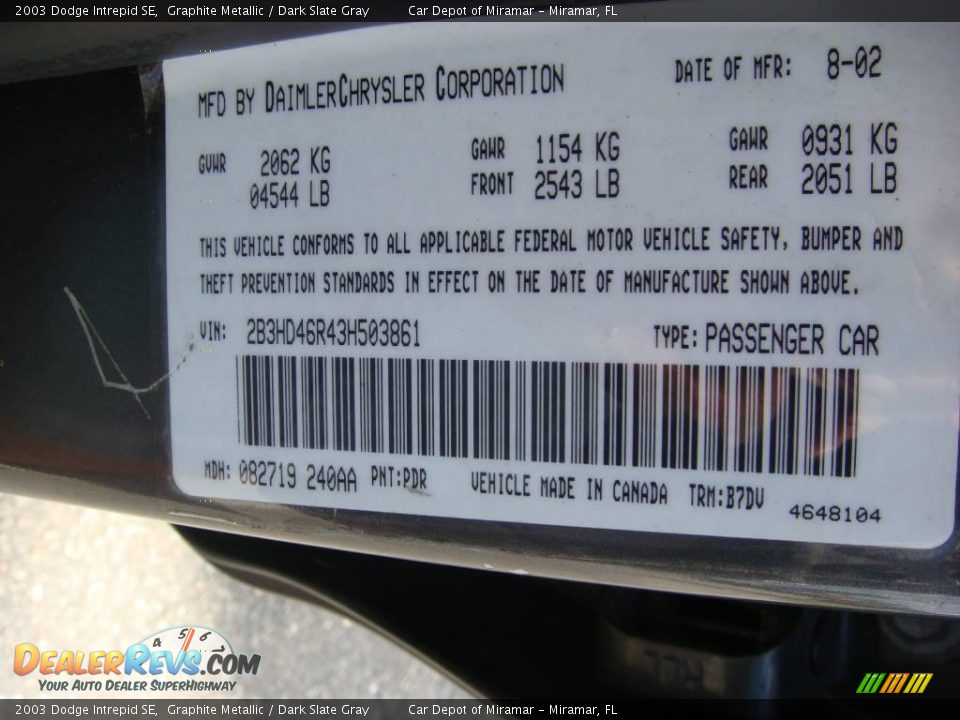 2003 Dodge Intrepid SE Graphite Metallic / Dark Slate Gray Photo #17